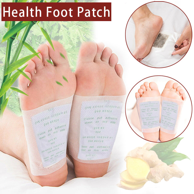 Health foot patches on feet with close-up insets and greenery