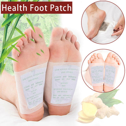 Health foot patches on feet with close-up insets and greenery