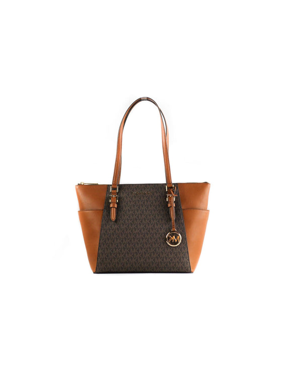Michael Kors Women's Charlotte Signature Leather Large Top Zip Tote Handbag Bag (Brown) - One Size