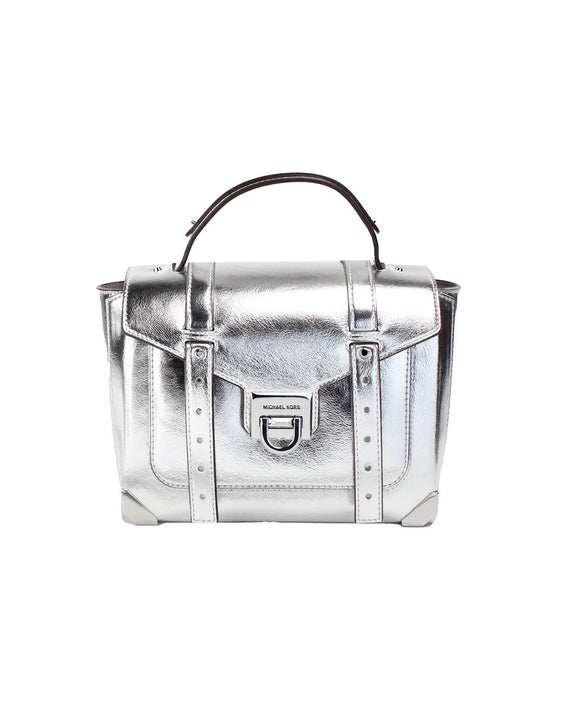 Michael Kors Women's Manhattan Medium Silver Leather Top Handle Satchel Bag - One Size