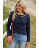 Azura Exchange Embroidered Navy Blue Waffle Top - S