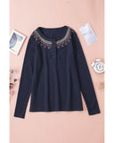Azura Exchange Embroidered Navy Blue Waffle Top - S