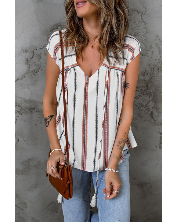 Azura Exchange Loose V Neck Short Sleeve Top with Striped Print - S