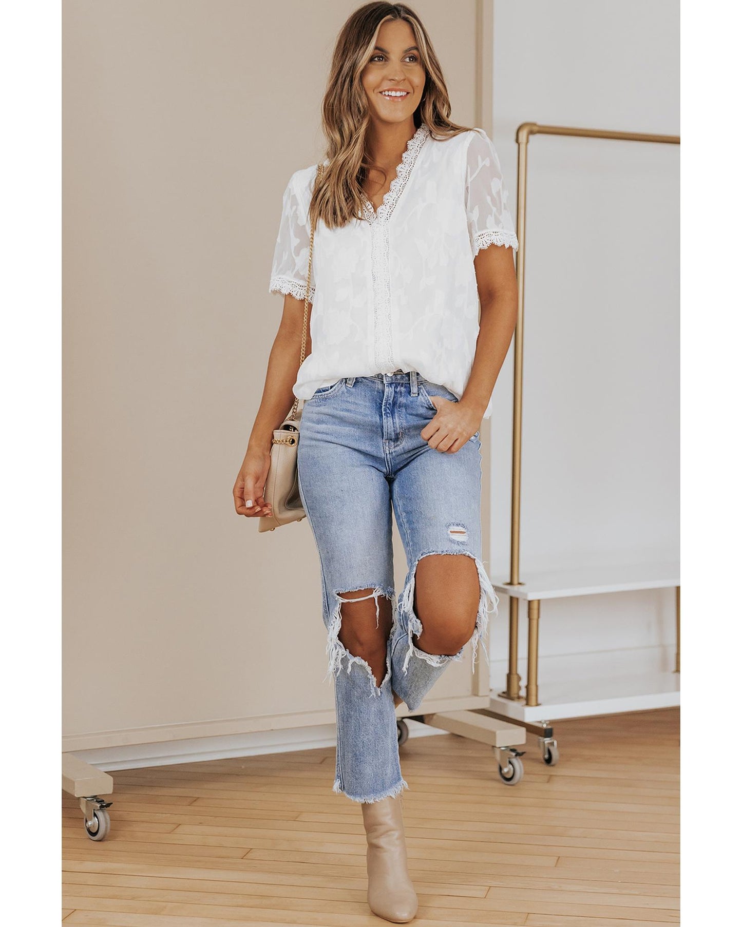 Azura Exchange Contrast V Neck T Shirt with Jacquard Lace Crochet - 2XL