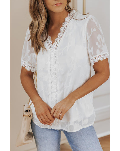 Azura Exchange Contrast V Neck T Shirt with Jacquard Lace Crochet - 2XL