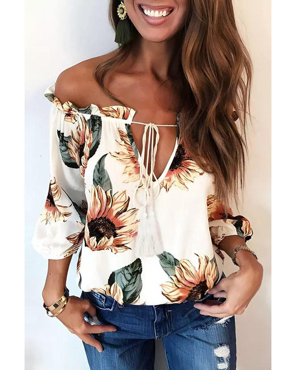 Azura Exchange Floral Off Shoulder Blouse with Ruffled Details and Tassel Tie - L