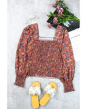 Azura Exchange Smocked Floral Print Long Sleeve Top - S