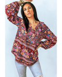 Azura Exchange V Neck Long Sleeve Blouse with Floral Print - XL