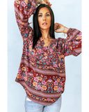 Azura Exchange V Neck Long Sleeve Blouse with Floral Print - XL