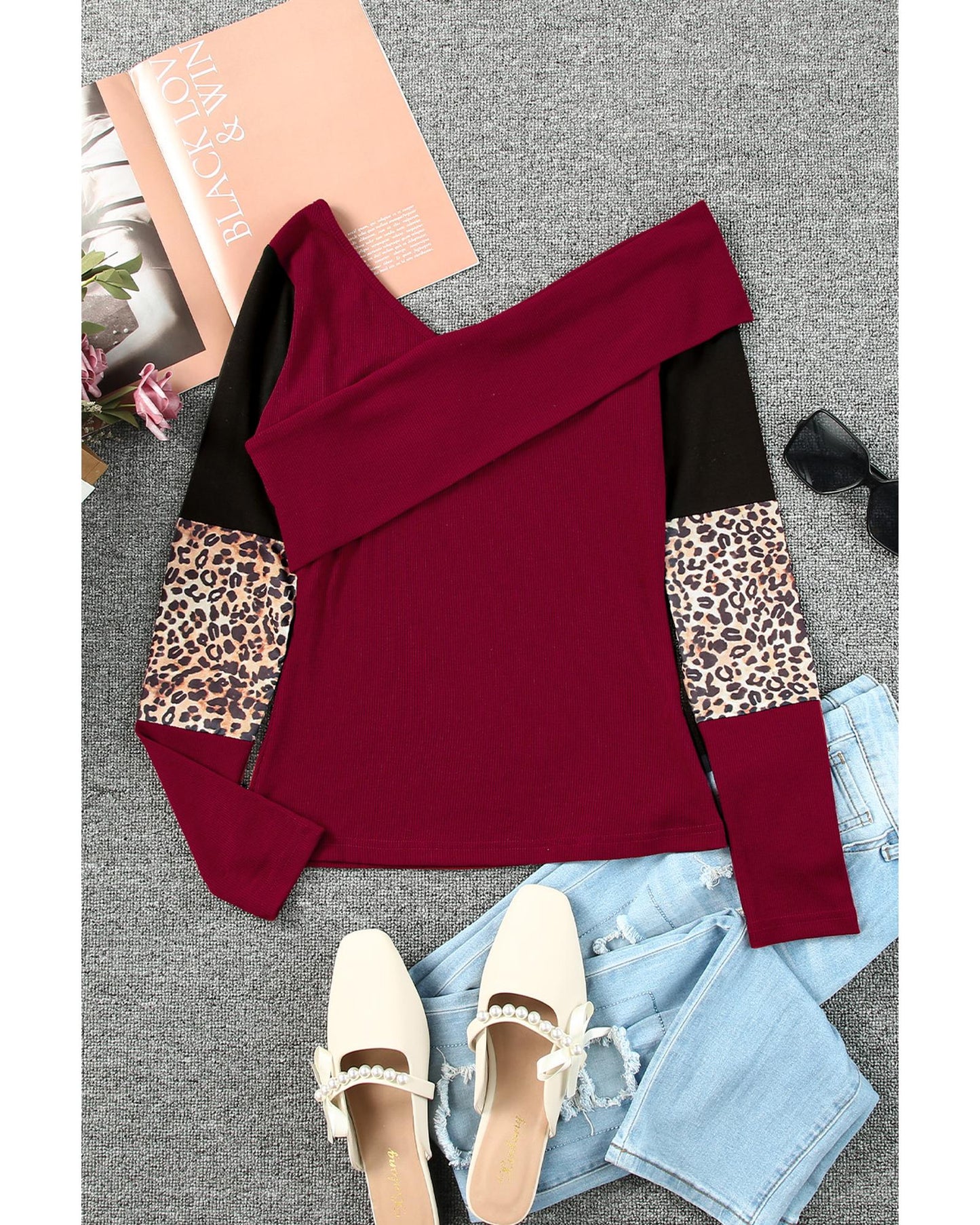 Azura Exchange Leopard Ribbed Wrap Top - L