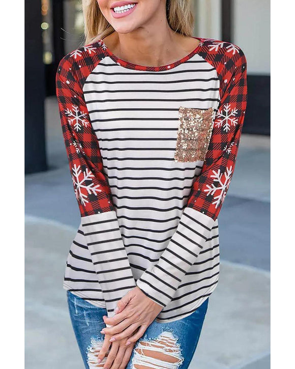 Azura Exchange Christmas Striped Patchwork Long Sleeve Top - M