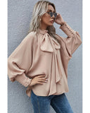 Azura Exchange Khaki Frilled Knotted Blouse with Bishop Sleeves - M