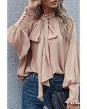 Azura Exchange Khaki Frilled Knotted Blouse with Bishop Sleeves - M