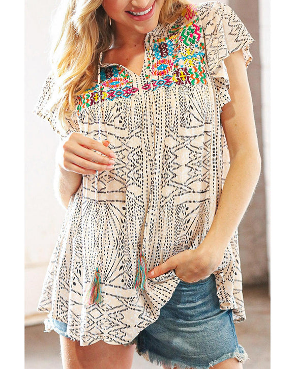 Azura Exchange Geometric Embroidered Spotted Print V Neck Blouse with Tassel Detail - S
