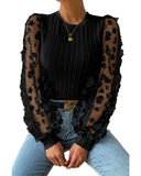 Azura Exchange Textured Knit Blouse with Floral Applique Mesh Sleeves - L