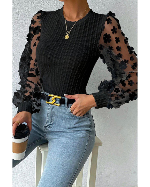 Azura Exchange Textured Knit Blouse with Floral Applique Mesh Sleeves - S