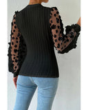 Azura Exchange Textured Knit Blouse with Floral Applique Mesh Sleeves - S