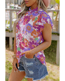 Azura Exchange Flutter Sleeves Floral Top with Stand Collar - S