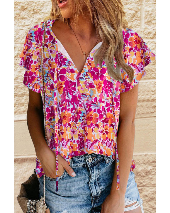 Azura Exchange Floral Print Top with Flutter Sleeves - L