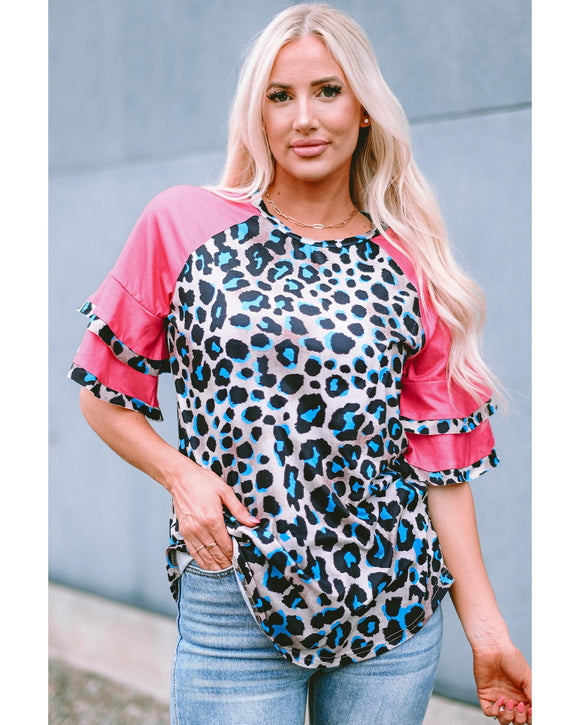 Azura Exchange Layered Ruffle Sleeves Patchwork Leopard Print Blouse - L