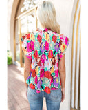 Azura Exchange Abstract Floral Print Frilled Neck Pleated Blouse - XL