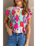 Azura Exchange Abstract Floral Print Frilled Neck Pleated Blouse - XL