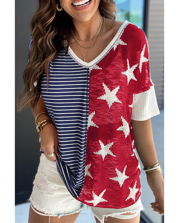 Azura Exchange Stripes Stars Print Knit Short Sleeves Top - XL