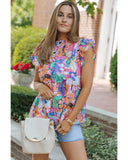 Azura Exchange Flutter Sleeves Smocked Neck Blouse with Floral Print - XL