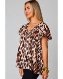 Azura Exchange Leopard/Abstract Print V Neck Top with Flutter Sleeves - L