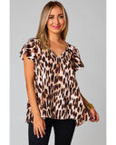 Azura Exchange Leopard/Abstract Print V Neck Top with Flutter Sleeves - L
