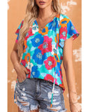 Azura Exchange Floral Print Drawstring V Neck Short Sleeve Blouse - XL