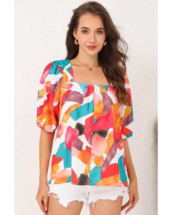 Azura Exchange Abstract Print Square Neck Short Sleeve Blouse - S
