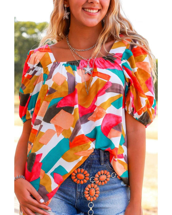 Azura Exchange Abstract Print Square Neck Short Sleeve Blouse - XL