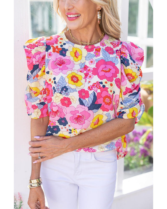 Azura Exchange Floral Ruched Puff Sleeve Blouse - L