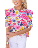 Azura Exchange Floral Ruched Puff Sleeve Blouse - L