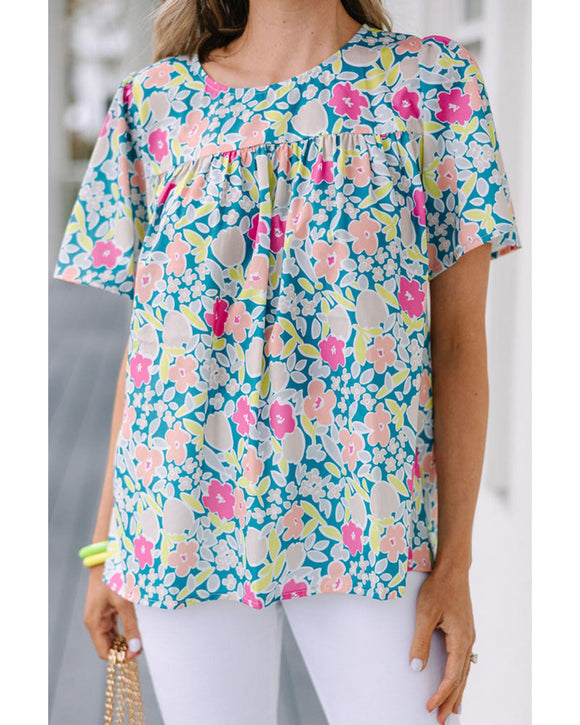 Azura Exchange O-Neck Short Sleeve Floral Print Babydoll Blouse - L