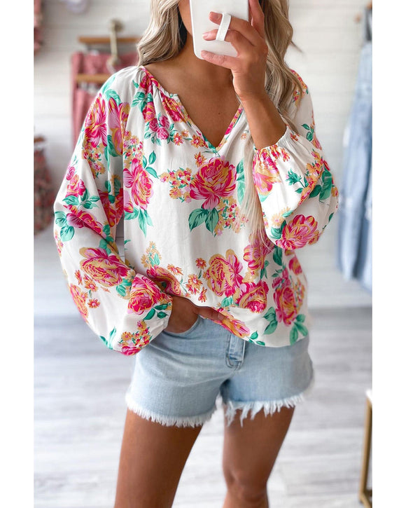 Azura Exchange Pleated Puff Sleeve Blouse with V Neck and Floral Design - L