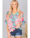 Azura Exchange Leopard Floral Mixed Print Ruffle Sleeve Blouse - S