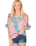 Azura Exchange Leopard Floral Mixed Print Ruffle Sleeve Blouse - S
