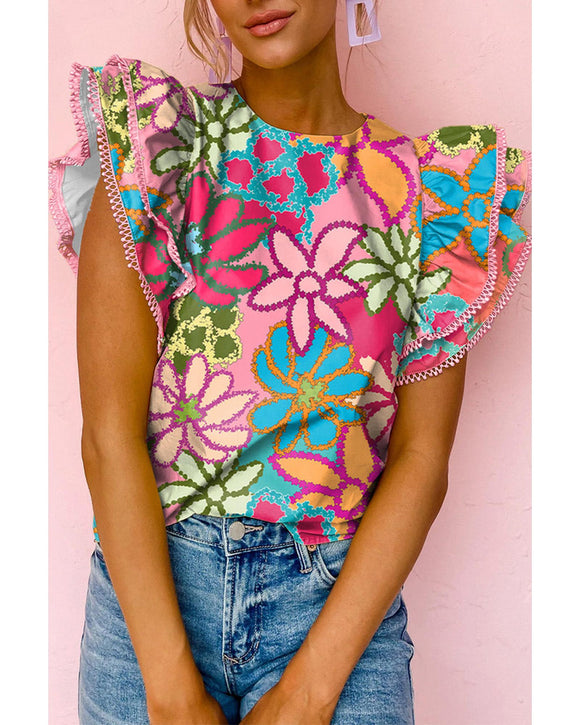 Azura Exchange Vibrant Floral Print Ruffle Sleeve Blouse - S