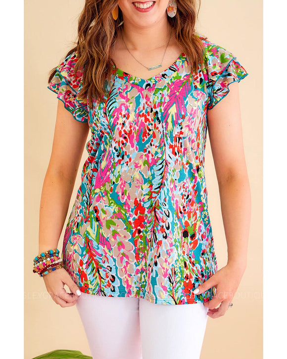 Azura Exchange Abstract Print Tiered Ruffled V Neck Blouse - M