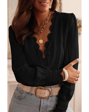 Azura Exchange Lace Trim Deep V Neck Textured Blouse - L