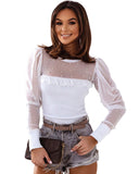 Azura Exchange Mesh Patchwork Ribbed Long Sleeve Top with Pearl Accents - XL