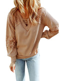 Azura Exchange Lace Waffle Patchwork Strappy V Neck Long Sleeve Top - L