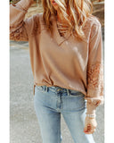 Azura Exchange Lace Waffle Patchwork Strappy V Neck Long Sleeve Top - M