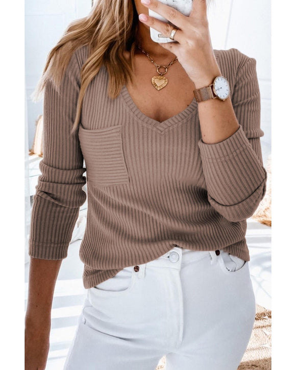 Azura Exchange Ribbed Knit Patched V Neck Top - S