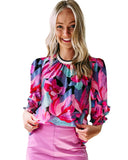 Azura Exchange Floral Print Ruched Sleeve Puff Sleeve Blouse - L