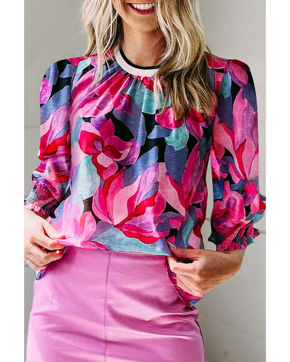 Azura Exchange Floral Print Ruched Sleeve Puff Sleeve Blouse - M