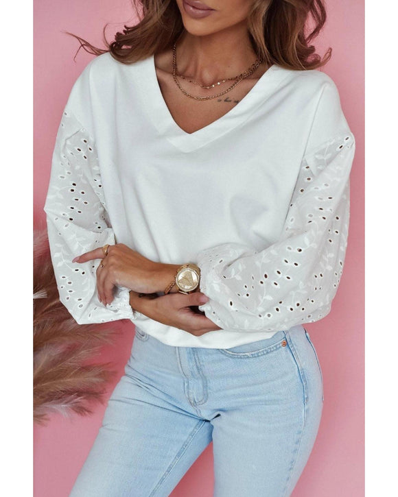 Azura Exchange Embroidered Patchwork Puff Sleeve Blouse - M