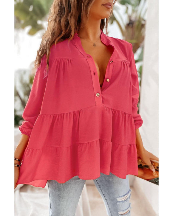 Azura Exchange Half Buttoned Ruffle Tiered Long Sleeve Blouse - L